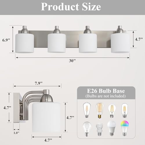 Mecgirn Stainless Steel Milk Glass Bathroom Vanity Light Over Mirror, 4 Light Brushed Nickel Bathroom Light Fixtures with Frosted Glass, Modern Vanity Lighting Wall Mount - color: Brushed Nickel, size: 4 Light