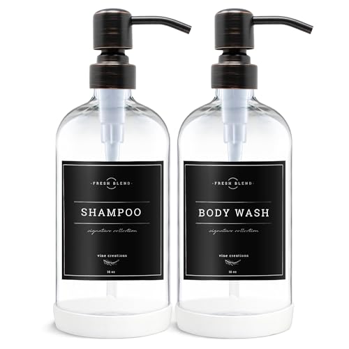 Vine Creations Clear Glass Soap Dispenser, 2 Pack Kitchen Soap Dispenser Set with Stainless Steel Pump, 16 oz Dish Soap and Hand Soap Dispensers for Bathroom with Waterproof Labels - color: Clear Bottle / Round Oil Rubbed Bronze Pump