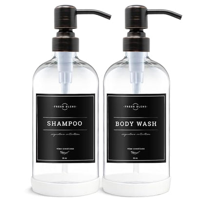 Vine Creations Clear Glass Soap Dispenser, 2 Pack Kitchen Soap Dispenser Set with Stainless Steel Pump, 16 oz Dish Soap and Hand Soap Dispensers for Bathroom with Waterproof Labels - color: Clear Bottle / Round Oil Rubbed Bronze Pump