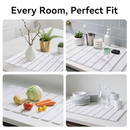 Stone Drying Mat for Kitchen Counter, 24"(L)×16"(W), Drying Matt Kitchen Counter, Stone Dish Drying Mat, Foldable Diatomaceous Earth Mat - color: White