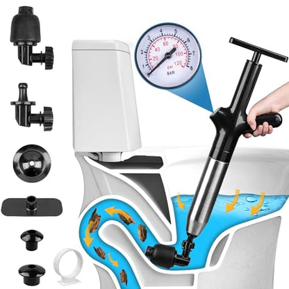 High Pressure Toilet Plunger for Toilet Bathroom Sink Kitchen Floor Clogged | Toilet Unclogger Tool with Visual Barometer, Anti-Splash Sealing Balloon, Ergonomic Non-Slip Handle, 7 Fittings