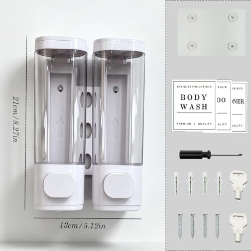 2-Chamber 10oz/300ML White Plastic Hand Wall Mounted Soap Dispensers | Refillable Shampoo Conditioner Shower Dispenser No Drill, Clear Manual Pump Dispenser for Bathroom Hotel Kitchen - color: 2-chamber White