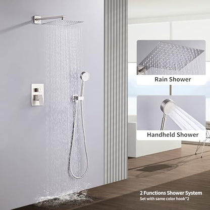 Brushed Nickel Rainfall Shower Head, Wall Mounted 12 Inch Shower Heads with Handheld Spray Combo, Luxury Bathroom Square Rain Shower System, Solid Brass Pressure Balancd Shower Faucet Valve - color: Brushed Nickel, style: 12 Inch