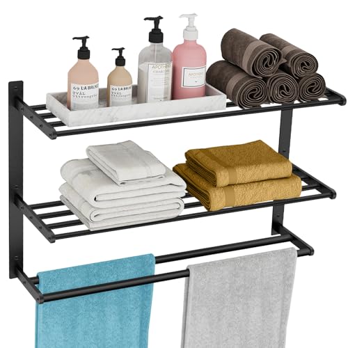 KLJKPA 24 Inch Towel Racks for Bathroom Wall-Mount, 3-Tier, Black | Towel Shelf with Double Towel Bar, Towel Holder, Towel Storage for Bathroom Lavatory, Stainless Steel, Space Saving - color: Black, size: 3-Tier