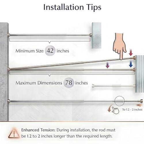 304 Stainless Steel Shower Curtain Rod, Adjustable Telescopic Tension Rod, Rustproof Bathroom Rod, No Drilling Expandable Curtain Rod 42–78 Inch – Brushed Nickel + 80“ x 80” Shower Curtain - color: Brushed Nickel, size: 42"–78"