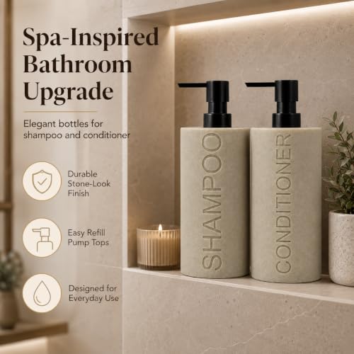 Resin 2 Pack Shampoo, Conditioner or Body Wash Dispenser Set, Luxurious Refillable Pump Bottles with Matte Pump Top and Embossed Text, Durable Design for Bathroom and Shower - color: Tan Shampoo & Conditioner