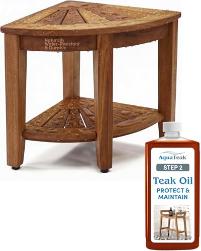 AquaTeak Kai Corner 15.5" Teak Shower Bench & Premium Teak Oil | Durable, Water-Resistant Teak, Shower Chair & Shaving Foot Rest, Indoor/Outdoor Use - size: Original - Teak Oil, style: Corner Stool With Shelf