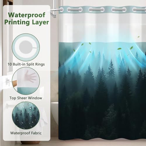 No Hook Shower Curtain with Snap in Liner and Sheer Top Window, Misty Forest Easy Hang Double-layer Waterproof Fabric Shower Curtain, 71x74 Inch Summer Bathroom Shower Curtains Set with Weighted Hem - color: Misty Forest