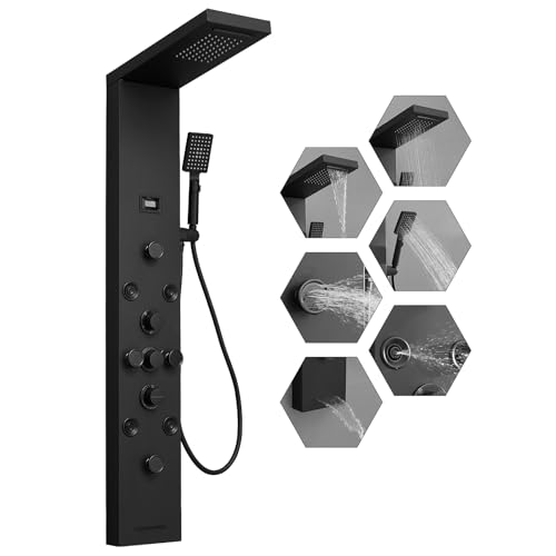 Shower Panel, Rainfall Handheld & 5 Body Jets, Black | Stainless Steel, Multi-Function Shower Tower System, Handheld Shower Wand Tub Spout and Rainfall Head, Temperature Display - color: Black, style: LED Shower Panel