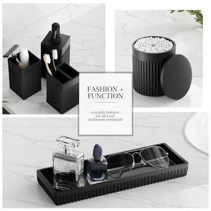 6-Piece Black Bathroom Set - Sleek Resin Organizer with Soap Dispenser, Toothbrush Holder, Vanity Tray, Tumbler & Apothecary Jars for Small Spaces - color: Black