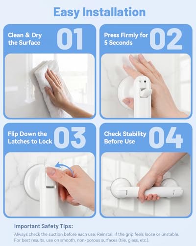JOTPE Grab Bars for Shower, No Drill Suction Shower Handle, 2 Pack | Removable Grab Bars for Bathroom, Shower Grab Bar for Balance Assistance on Smooth Non-Porous Surfaces, 11 Inch, White