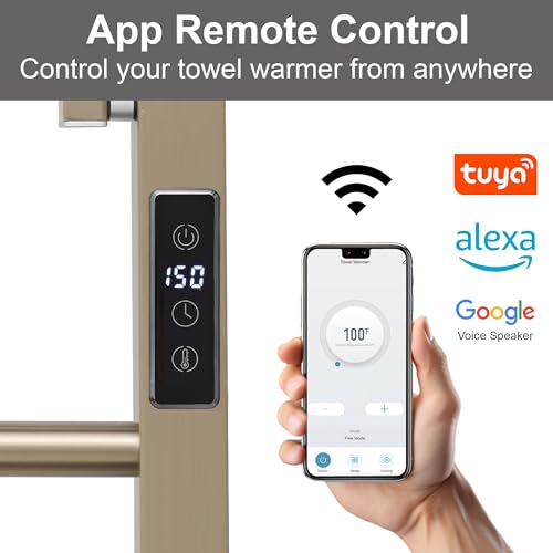 Heated Towel Warmer Rack Electric Bathroom with Voice Control Alexa & Google Home,TUYA Wall-Mounted,Stainless Steel,31.5x19.69x11.61in,Foldable Storage,Plug-in,Brushed Brass,10 Bars - color: Brushed Brass With Wifi & Shelf