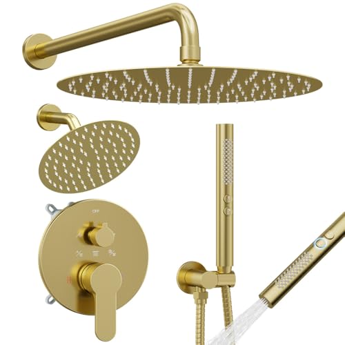 Shower Systems STARBATH 12+6" Round Dual Rainfall Shower Head with Handheld Spray for Two People, Wall Mounted 3 Way Rain Shower Faucet Sets Complete, Included Valve and Trim Kit, Brushed Gold - color: Brushed Gold, size: 6+12 inch-05