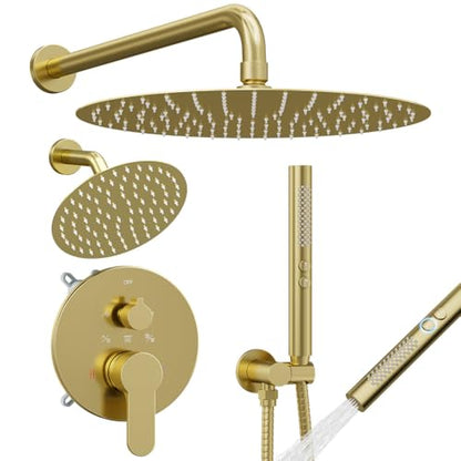 Shower Systems STARBATH 12+6" Round Dual Rainfall Shower Head with Handheld Spray for Two People, Wall Mounted 3 Way Rain Shower Faucet Sets Complete, Included Valve and Trim Kit, Brushed Gold - color: Brushed Gold, size: 6+12 inch-05