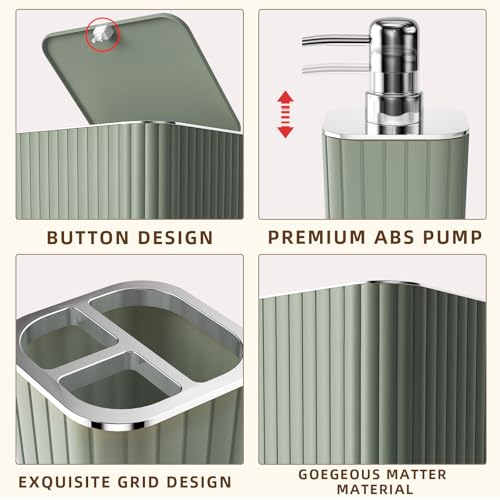 XLHOMO Bathroom Accessories Set - Gorgeous Sage Green Bathroom Set, 10PC Bathroom Accessory Set, Toilet Brush, Trash Can, Qtip Holder Dispenser & Soap Dispenser - size: Bath Set, style: Sage Green&Silver