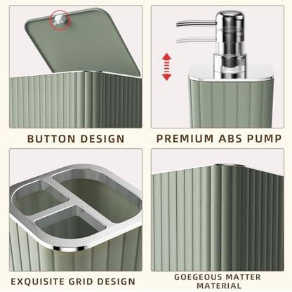 XLHOMO Bathroom Accessories Set - Gorgeous Sage Green Bathroom Set, 10PC Bathroom Accessory Set, Toilet Brush, Trash Can, Qtip Holder Dispenser & Soap Dispenser - size: Bath Set, style: Sage Green&Silver