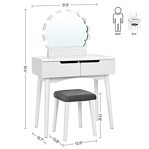 VASAGLE Makeup Vanity Set with 10 Light Bulbs and Touch Switch, Dressing Makeup Table Desk with Large Round Mirror, 2 Sliding Drawers, 1 Cushioned Stool, White URDT11WL - style: 31.5"W 2 Drawers Vanity Desk - White