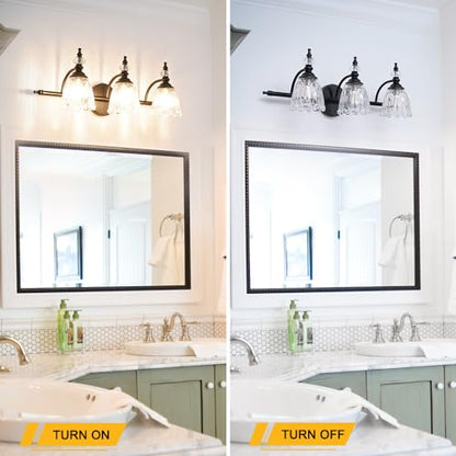 Matte Black Bathroom Vanity Light, Farmhouse Bathroom Light Fixtures Over Mirror, 3 Light Vanity Lighting Fixtures, Flower Glass Shade Wall Sconce Lighting - color: Black, size: 3 light