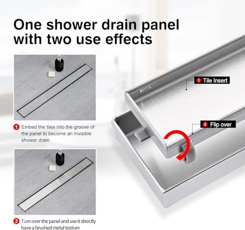 SaniteModar 36 inch Linear Shower Drain Brushed with Tile Insert Grate | AISI 304 Stainless Steel Brushed Shower Floor Drain Rectangle Linear Drain with Hair Fliter and Adjustable Feet - color: Stainless Steel, size: 36 inch