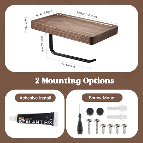 Toilet Paper Holder with Walnut Wood Shelf – Adhesive or Wall Mounted Bathroom Storage Organizer, Rustic Modern Wood and Metal Roll Rack for Small Spaces, RV, Guest Toilet