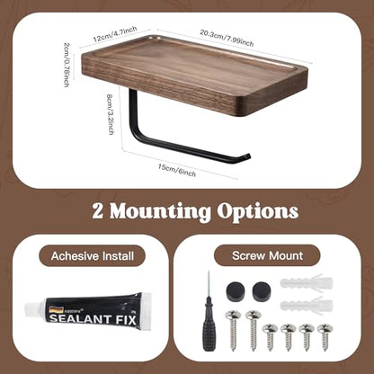 Toilet Paper Holder with Walnut Wood Shelf – Adhesive or Wall Mounted Bathroom Storage Organizer, Rustic Modern Wood and Metal Roll Rack for Small Spaces, RV, Guest Toilet