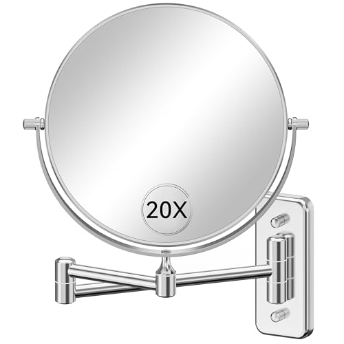 Auxmir 8" Double-Sided Wall-Mounted Makeup Mirror, 1X/20X Magnifying Mirror | stainless steel, 13-inch extendable swivel arm, 360°shaving rotation, bathroom makeup mirror, tweezers, Chrome - color: Chrome-1x/20x