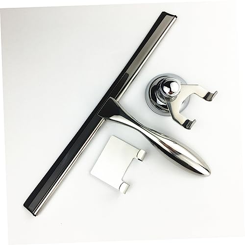 3pcs Stainless Steel Shower Squeegee Set Bathroom Water Scraper for Glass Doors Includes Suction Cup Holder and Hooks for Cleaning Shower Tiles and Windows