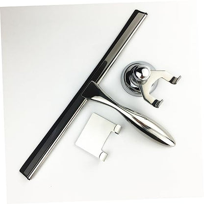 3pcs Stainless Steel Shower Squeegee Set Bathroom Water Scraper for Glass Doors Includes Suction Cup Holder and Hooks for Cleaning Shower Tiles and Windows