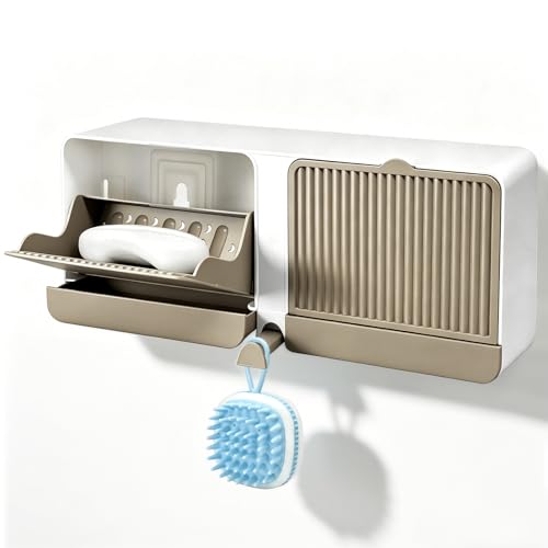 Strong Adhesive Hook Wall-Mounted Soap Dish Holder, 2-Layer Draining Tray with Removable Container, Keeps Soap Dry for Bathroom, Shower, Sink, Kitchen- Space Saver (1-Pack Khaki-Dual Compartment) - color: 1-pk Khaki-dual Compartment