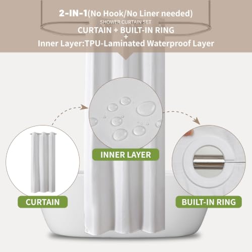 eachope No Hook Shower Curtain, Waterproof Slub Fabric, White 48x74 in | no separate liner, split grommets, waterproof backing, weighted hem, 160GSM slub fabric, machine washable, renter friendly - color: White, size: 48"W x 74"L (Pack of 1)