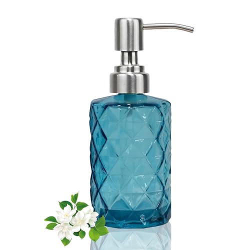 12Oz Blue Glass Soap Dispenser, Liquid Hand Bottle, Stainless Steel Pump | Refillable Clear Kitchen Soap Dispenser with Diamond Design, for Hand soap, Dish Soap, Lotion, Bathroom, Countertop, Hotel - color: Diamond Blue