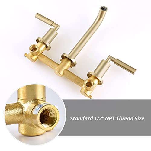RBROHANT Gold Wall Mount Faucet with Pop up Drain Set for Sink Without Overflow, Brushed Gold Dual Handle Wall Mounted Bathroom Sink Faucet, Brass Rough-in Valve Included, RB0736D - color: Brushed Gold, style: Lever Handle Faucet with Drain