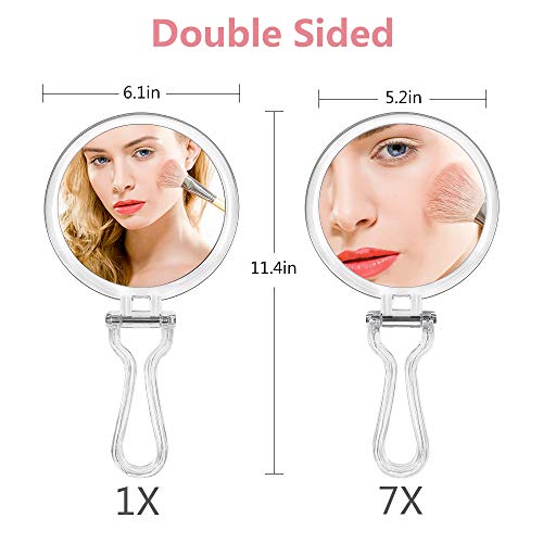 Cheftick Double Sided Hand Held Makeup Mirror, Adjustable Folding Handle | 1X & 7X Magnifying, Distortion-free & HD, Portable, Transparent & Round (6") Handheld Mirror for Women & Men, Makeup, Shaving