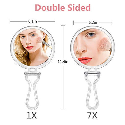 Cheftick Double Sided Hand Held Makeup Mirror, Adjustable Folding Handle | 1X & 7X Magnifying, Distortion-free & HD, Portable, Transparent & Round (6") Handheld Mirror for Women & Men, Makeup, Shaving