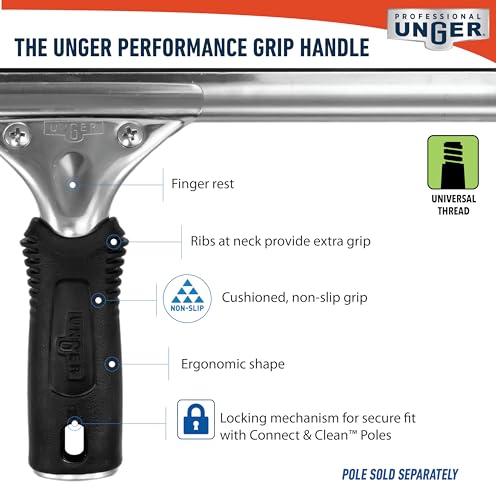 Unger Connect and Clean 16” Performance Window and Glass Cleaning Squeegee with Replacement Rubber, Cleaning Supplies, Heavy Duty Household Cleaner Tools with Streak-Free Results - size: 16 Inch (Pack of 1), style: 16” Performance Grip Squeegee