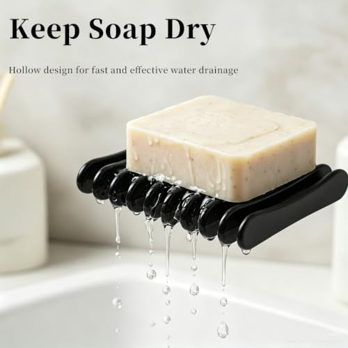 2 Pcs Black Plastic Soap Dish, Self Draining Waterfall Design Bar Soap Holder, Non-Slip Soap Saver Tray Keeps Soap Dry for Shower Bathroom Kitchen Countertop - color: Black