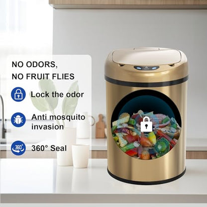 Smart Sensor Trash Can with Automatic Packaging Function 3.5 Gallon Stainless Steel Garbage Bin for Kitchen Bathroom Office Champagne Gold (