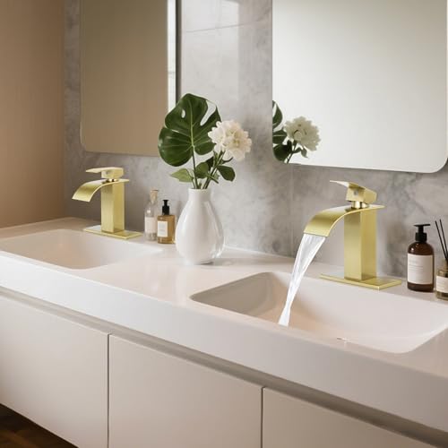 Bathroom Faucets Gold Waterfall Single Handle Bathroom Sink Faucet | with Pop-up Drain & Deck,Supply Hoses,Brushed Gold Single Handle Vanity Faucet,Stainless Steel,1 or 3 Hole,RV,Fits Home - color: A-Brushed Gold, style: Short