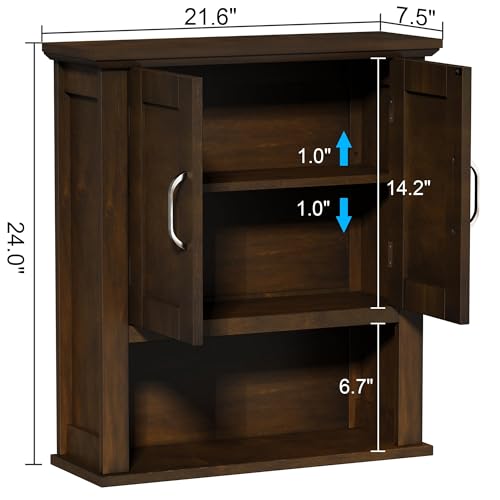 ChooChoo Wood Bathroom Wall Cabinet with Doors, Walnut Medicine Cabinet | Rustic Over The Toilet Storage Cabinet, Adjustable Shelf, Open & Concealed Storage, 7.5 x 21.6 x 24 Inches - color: Walnut