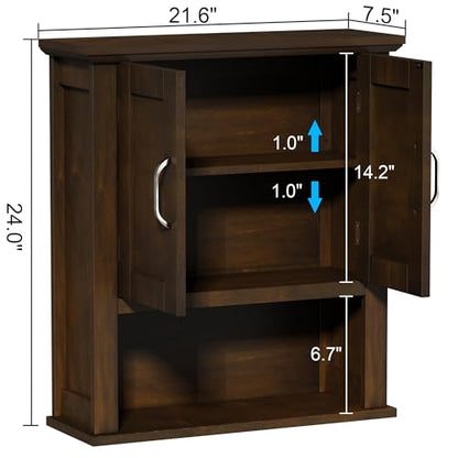 ChooChoo Wood Bathroom Wall Cabinet with Doors, Walnut Medicine Cabinet | Rustic Over The Toilet Storage Cabinet, Adjustable Shelf, Open & Concealed Storage, 7.5 x 21.6 x 24 Inches - color: Walnut