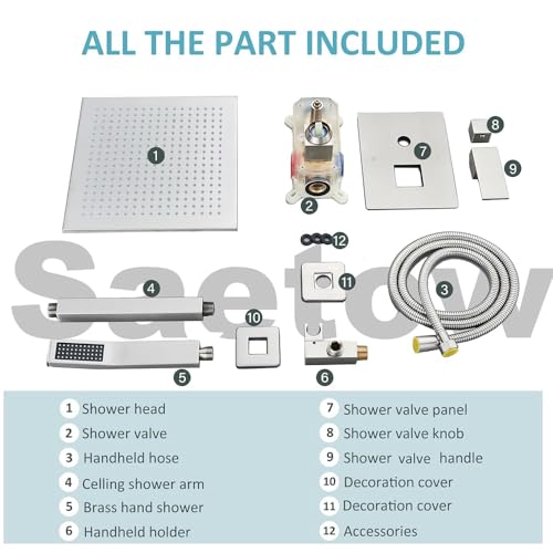 Shower System 12 Inch LED Square Showerhead Shower Faucet Set Shower Kit with Handheld Spray SUS304 Stainless Steel Shower Trim Kit Handheld shower with Rough-in Valve Brushed Nickle… - color: Brushed Nickel, style: 12"-led