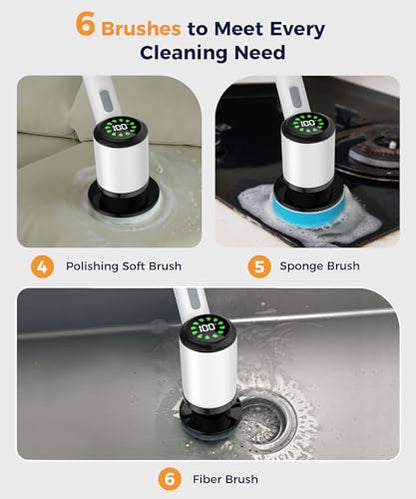 Cordless Electric Spin Scrubber, 6 Brush Heads, Long Handle | Power scrubber, adjustable long handle, IPX7 rated body, lightweight grip, bathroom, kitchen, tile, grout, tub, shower, floor - size: 6heads