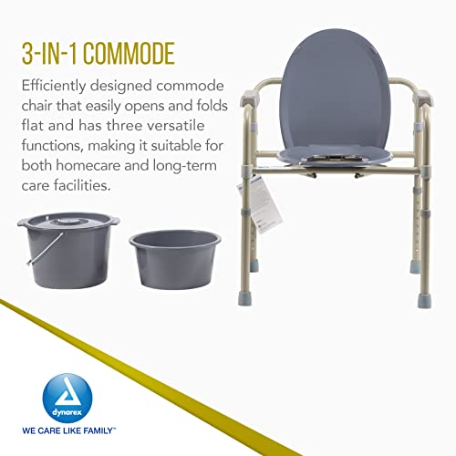 Dynarex Elongated Folding Bedside Commodes, 3-in-1 Design, Functions as a Commode, Raised Toilet Seat or Safety Rails, with Armrests, Drop-in Bucket & Splash Guard, 4 Commodes
