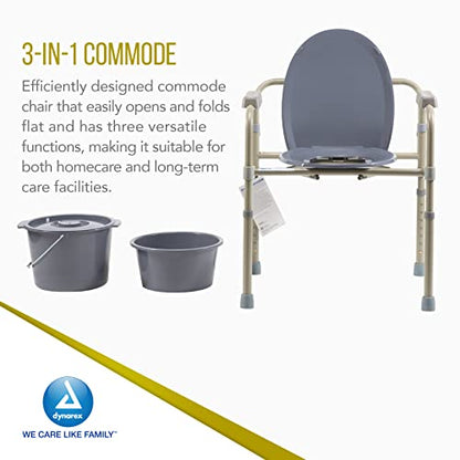 Dynarex Elongated Folding Bedside Commodes, 3-in-1 Design, Functions as a Commode, Raised Toilet Seat or Safety Rails, with Armrests, Drop-in Bucket & Splash Guard, 4 Commodes
