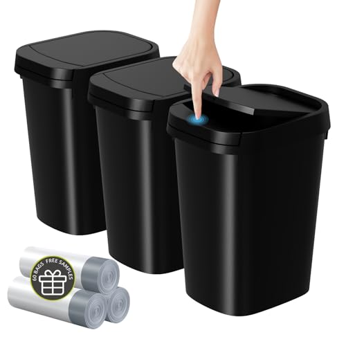 KSSKSS 3 Pack Bathroom Small Trash Can with Lid, 2.6 Gallon Slim Garbage Bin with Pop-Up Lid, 10L Plastic Wastebasket for Bedroom, Office, Kitchen, Toilet (Matte Black) - color: Black-included Trash bags