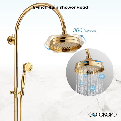 gotonovo Exposed Shower Faucet Set with Tub Spout Polished Gold | Brass Bathroom Shower System,8 Inch Rainfall Head with Handheld Spray and Tub Filler,Adjustable Height,6’’ Hole Distance - color: Bright Gold