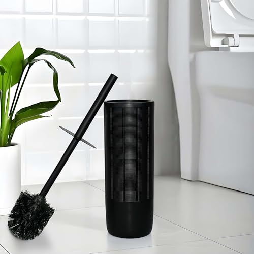 Matte Black Ribbed Design Resin Toilet Bowl Holder and Brush Set, Durable Bathroom Cleaning Tool with Ergonomic Handle and Efficient Bristles, Stylish and Compact Design - style: Ribbed Matte Black