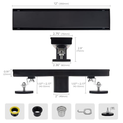 12 Inch Linear Shower Drain Matte Black, Rectangular Reversible 2 in 1 Tile Insert Grate, 304 Stainless Steel Shower Floor Drain Kit, Hair Catcher, Leveling Feet - color: Matte Black, size: 3"x 12"-Tile Insert