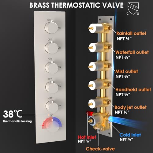 Enga Shower System With Spa Body Jets, 20 Inch LED Waterfall Atomizing Horizontal Square Ceiling Shower Head with Remote Control, Thermostatic Shower Faucet Set Flow Can Be Controlled Brushed Nickel - color: Brushed Nickel, style: 20" Head (Rain + Mist+Wa