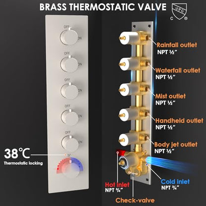 Enga Shower System With Spa Body Jets, 20 Inch LED Waterfall Atomizing Horizontal Square Ceiling Shower Head with Remote Control, Thermostatic Shower Faucet Set Flow Can Be Controlled Brushed Nickel - color: Brushed Nickel, style: 20" Head (Rain + Mist+Wa